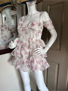 Floral Ruffle Romper Romper  in Pink and White